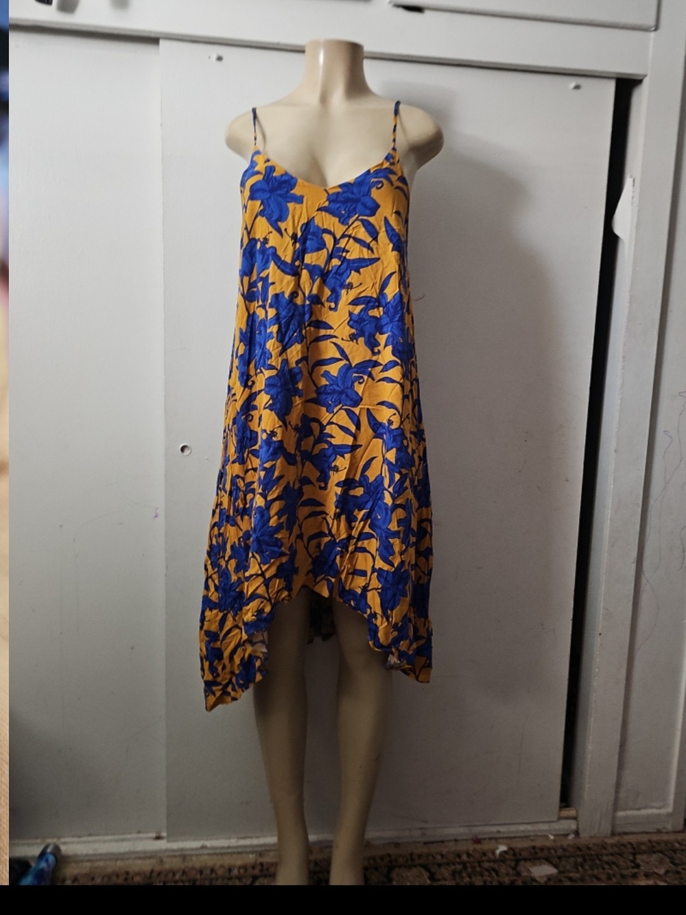 Very J Mustard and Royal Blue Floral Spaghetti-Strap Swing Dress